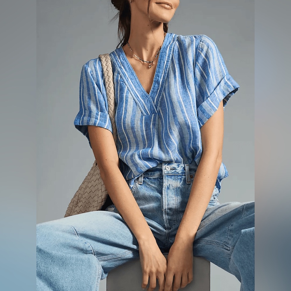 Anthropologie Pilcro 100% Linen Henley Surf Shirt in Navy Stripe Size XS